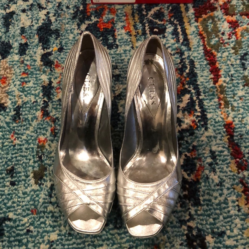 Guess silver leather heels